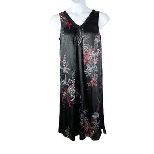 Donna Nadeau Black V Neck Asian Dark Floral Silky Nightgown